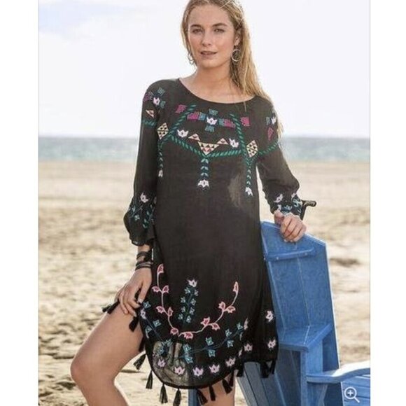 Sundance Black Embroidered Swim Coverup M Tassel Hem Rayon Tunic Dress - Picture 11 of 11